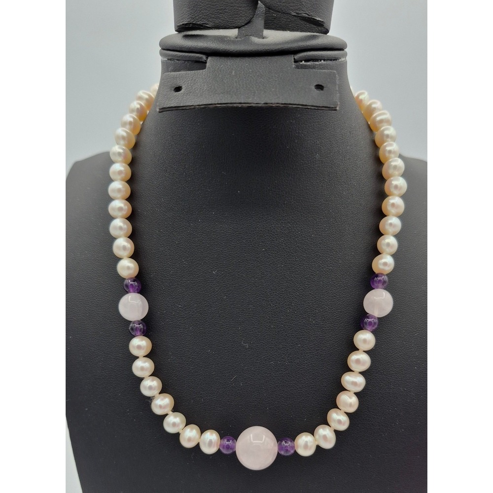 Freshwater Pearl Rose Quartz Amethyst Necklace 925 Sterling Silver Purple Pink
